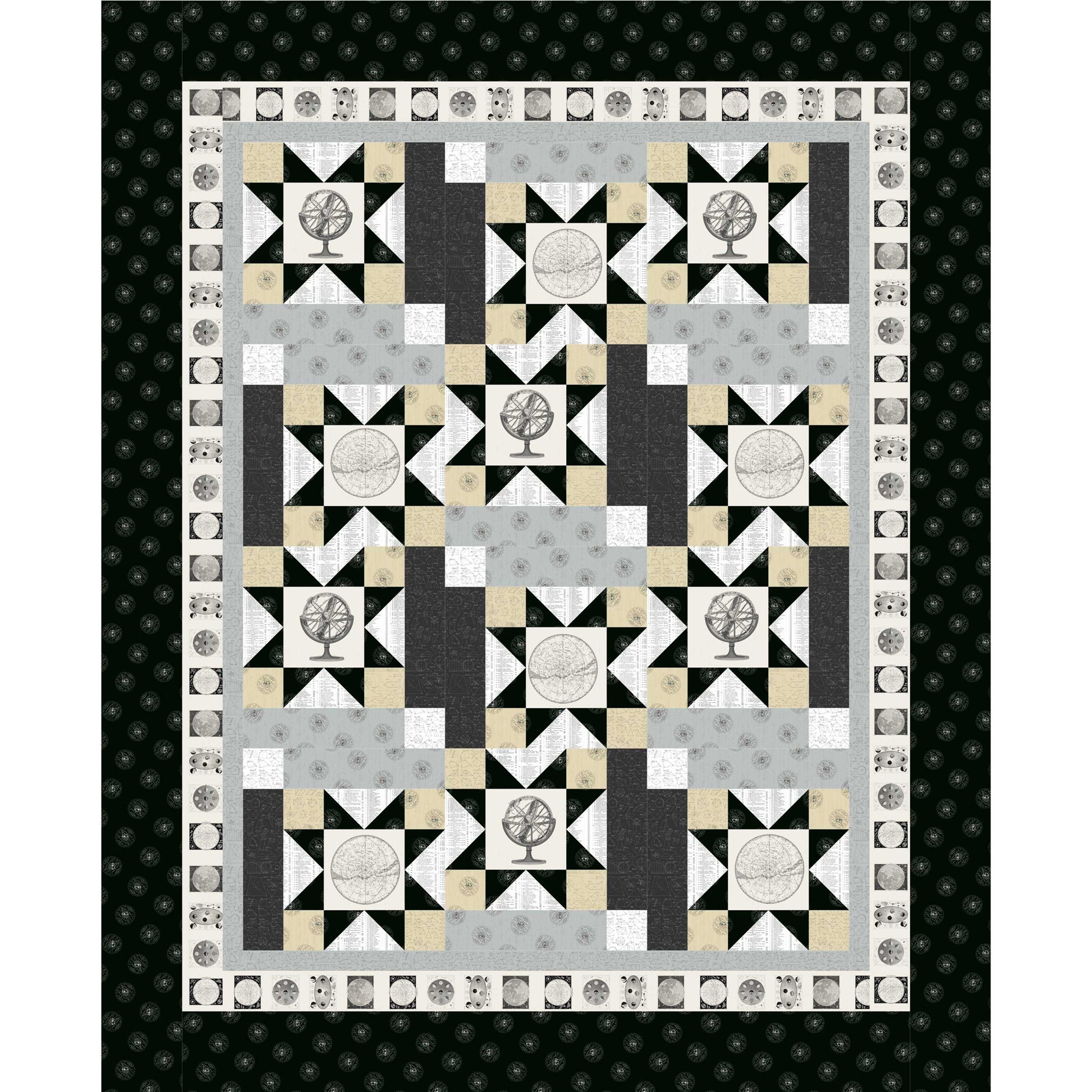 Quilt with geometric pattern on a black background