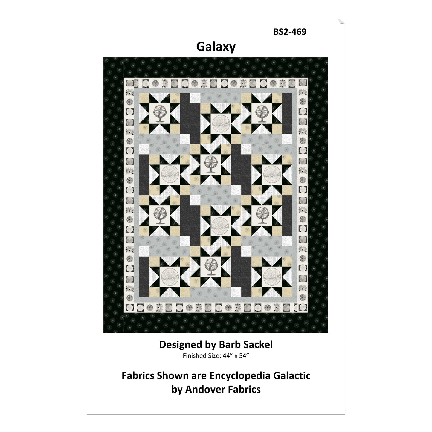 Quilt pattern cover titled 'Galaxy' designed by Barb Sackel, featuring a geometric quilt design.