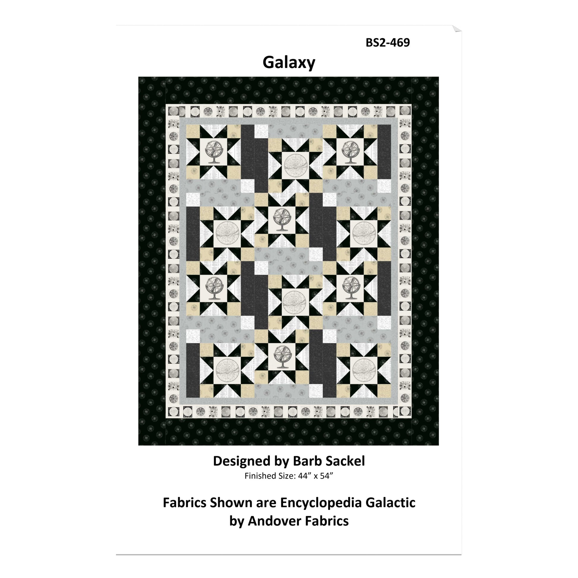 Quilt pattern cover titled 'Galaxy' designed by Barb Sackel, featuring a geometric quilt design.