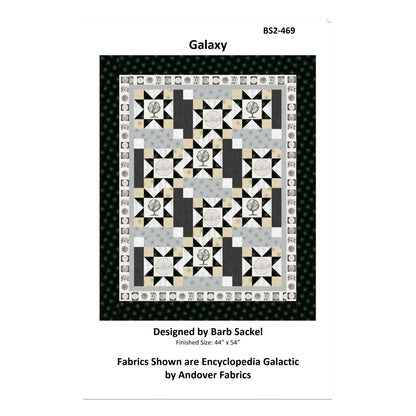 Quilt pattern cover titled 'Galaxy' designed by Barb Sackel, featuring a geometric quilt design.