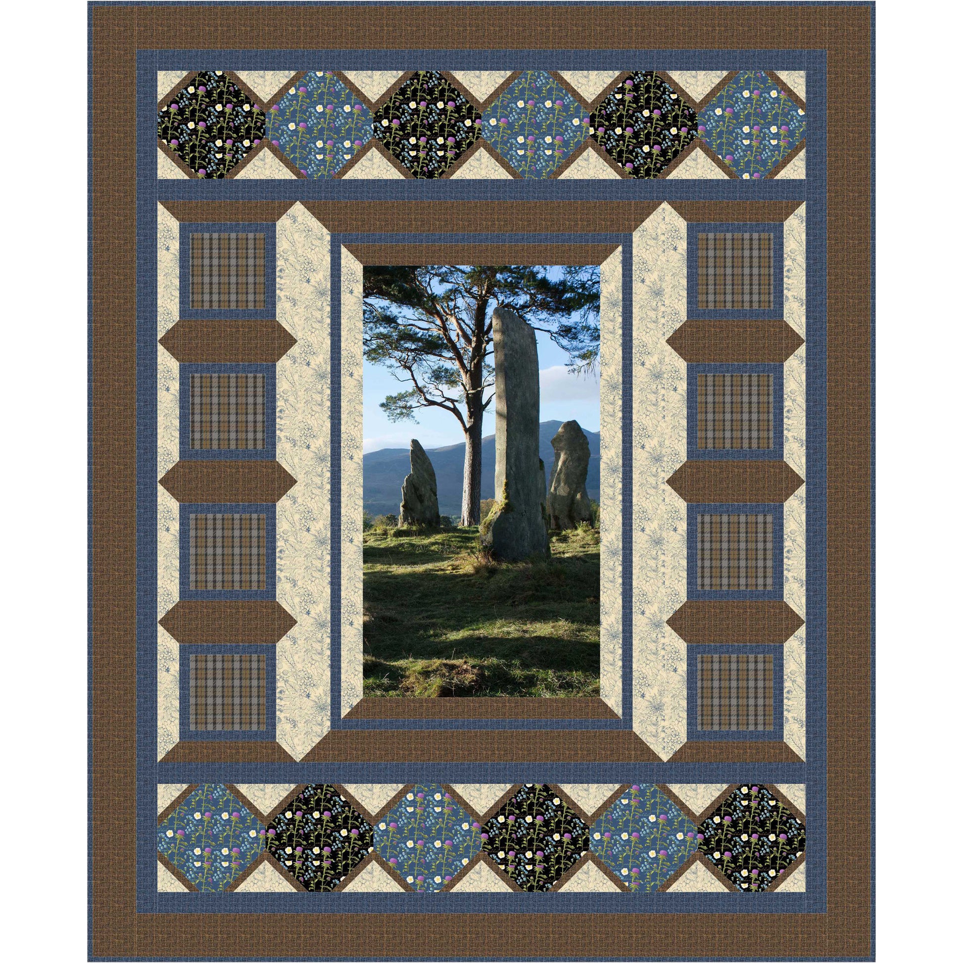 Quilt with geometric pattern featuring a scenic view of standing stones.