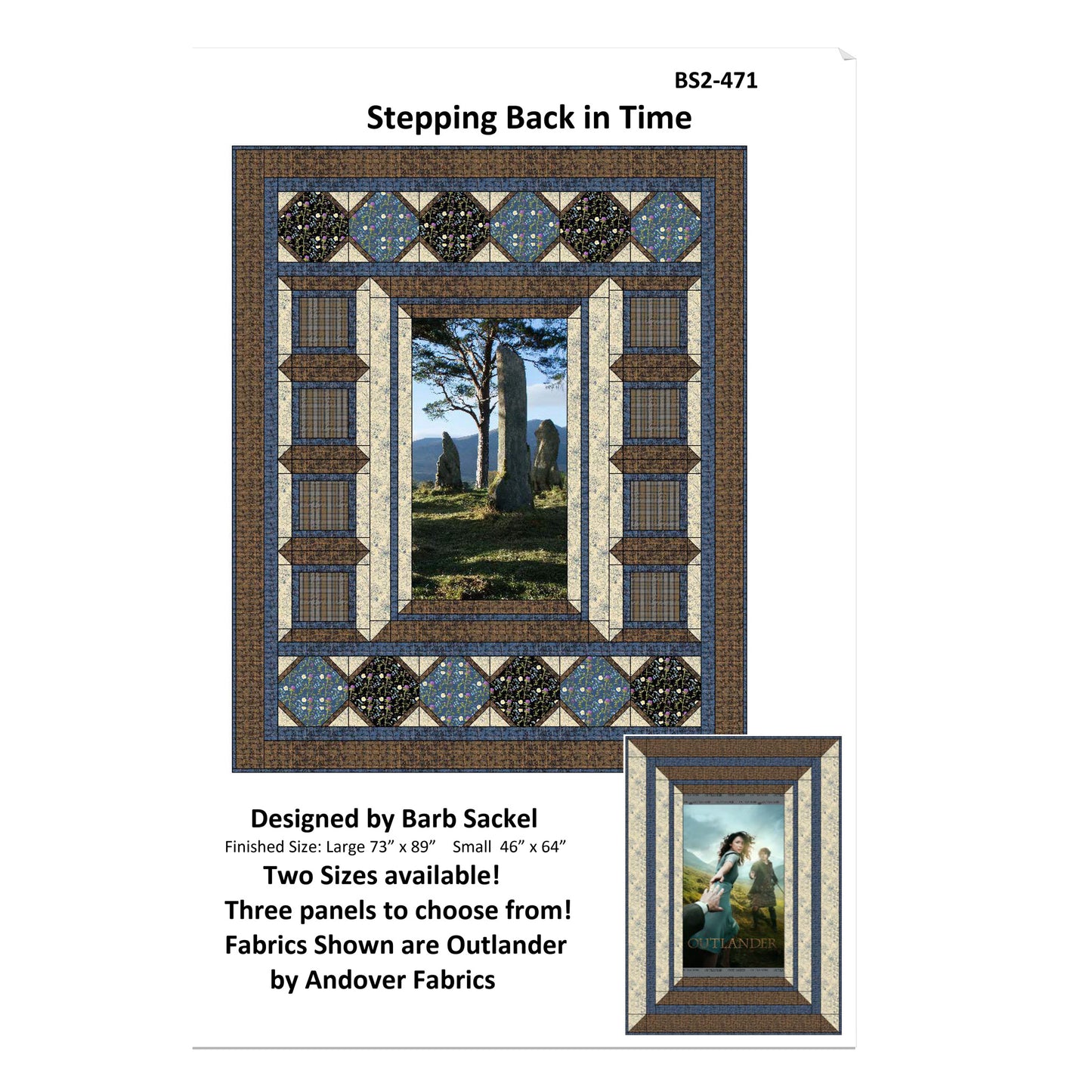 Quilt pattern design with a scenic landscape and decorative border, featuring Andover Fabrics' 'Outlander' fabric.