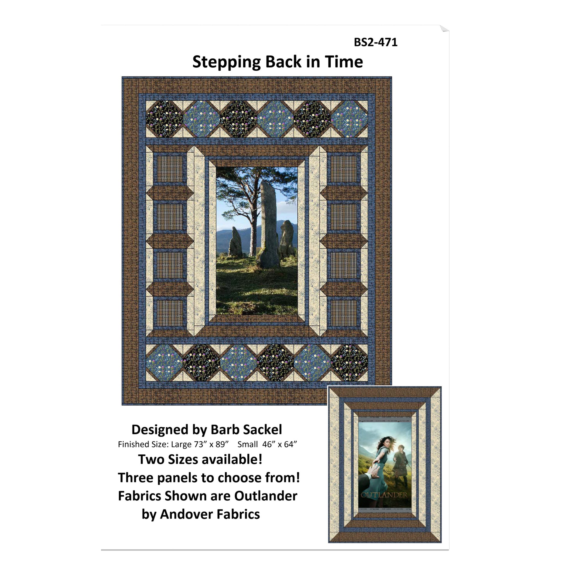Quilt pattern design with a scenic landscape and decorative border, featuring Andover Fabrics' 'Outlander' fabric.
