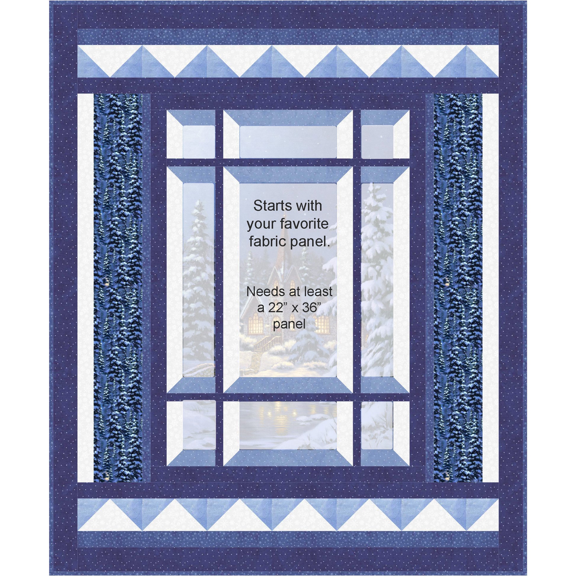 Blue quilt pattern with geometric window design.