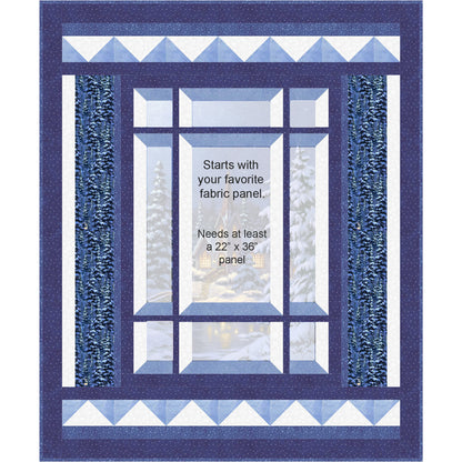 Blue quilt pattern with geometric window design.