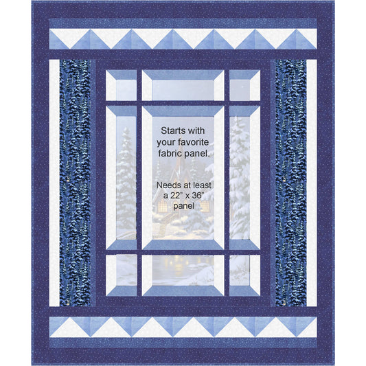 Blue quilt pattern with geometric window design.