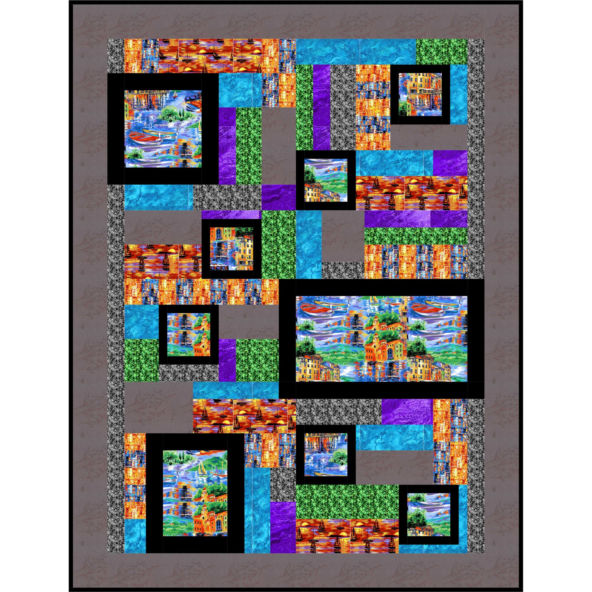 Colorful quilt with geometric pattern on a gray background