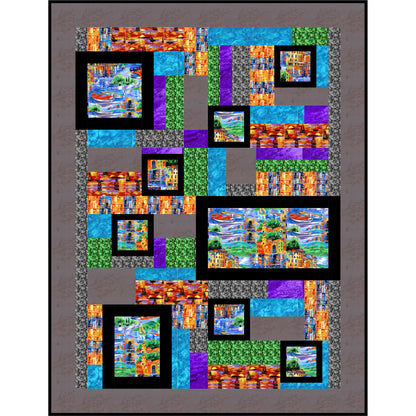 Colorful quilt with geometric pattern on a gray background