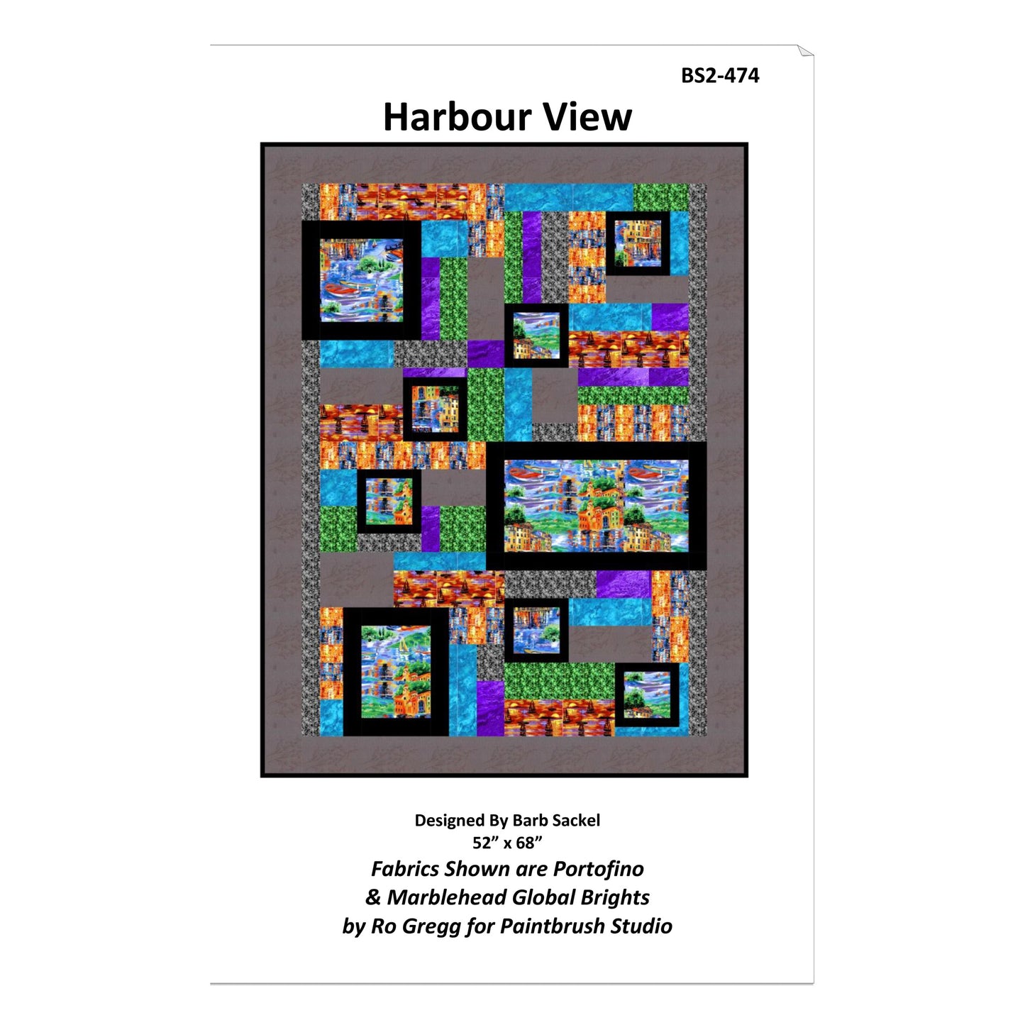 Harbour View quilt pattern packaging with colorful quilt design on a gray background