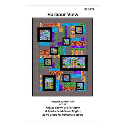 Harbour View quilt pattern packaging with colorful quilt design on a gray background