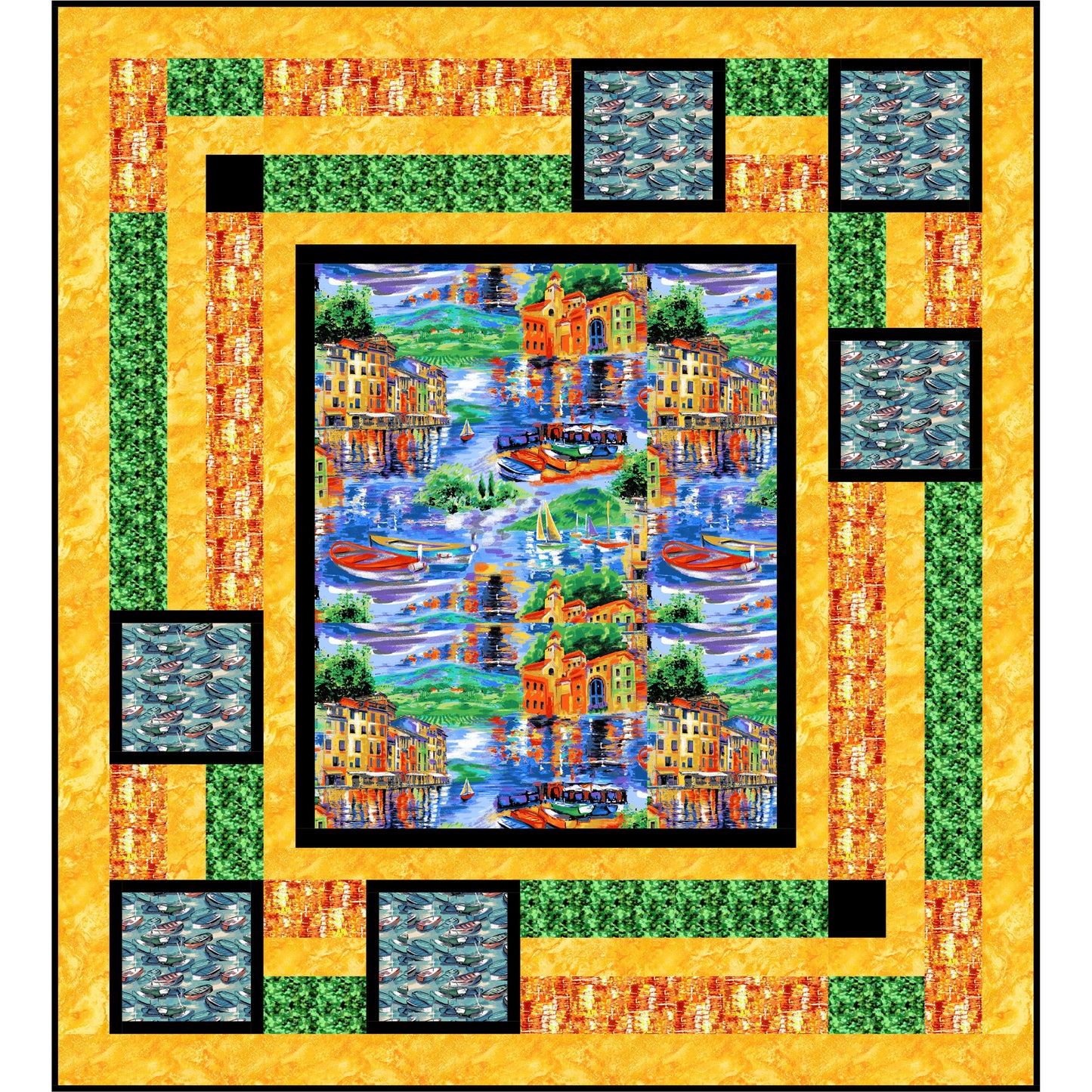 Colorful quilt with a scenic design of buildings and water, framed by geometric patterns.