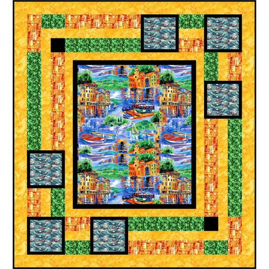Colorful quilt with a scenic design of buildings and water, framed by geometric patterns.