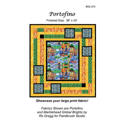 Quilt pattern cover for 'Portofino' with colorful fabric design and dimensions.