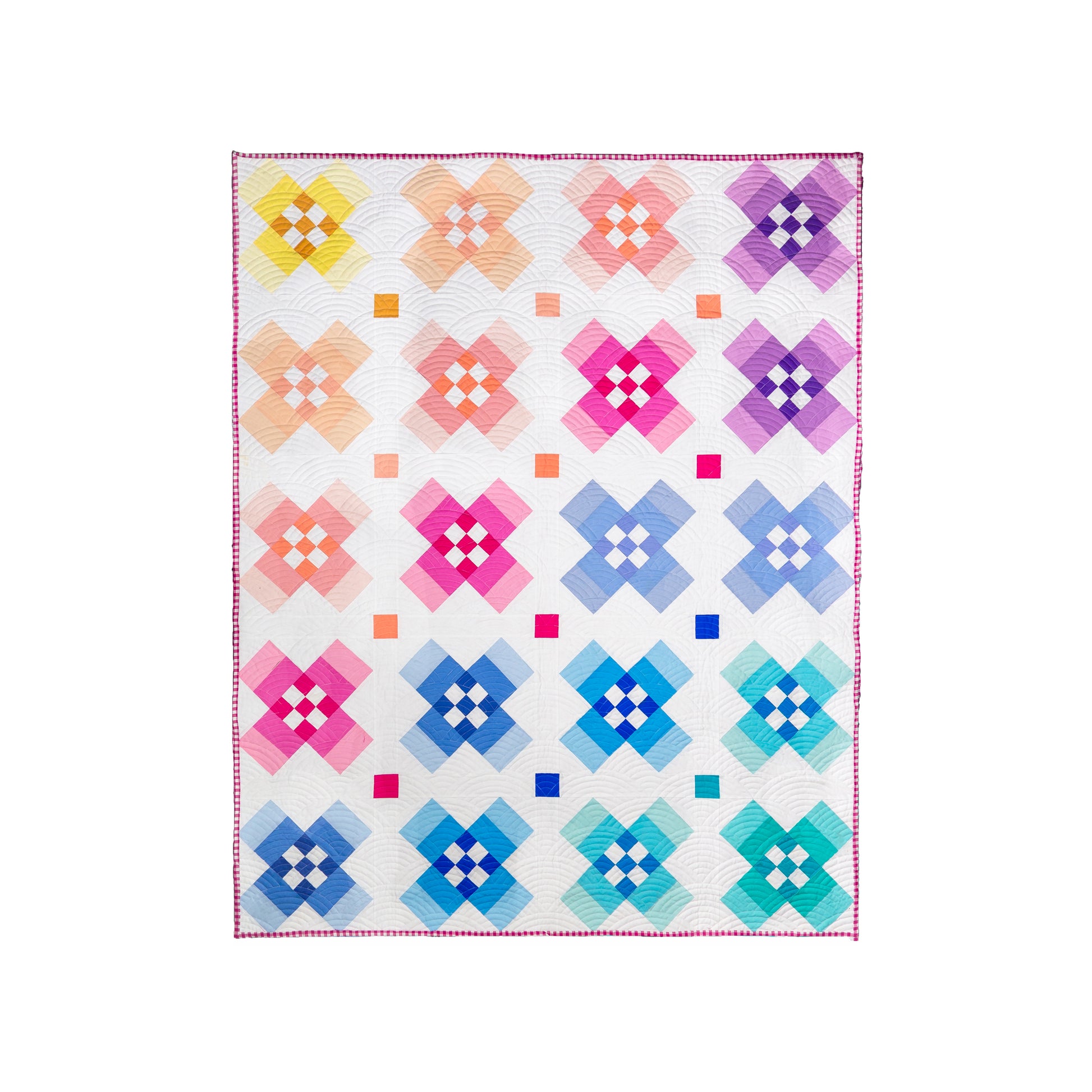 Intermediate quilt pattern with modern geometric vibe, featuring color gradation from light to dark. Ideal for fat quarters, precuts, and scraps.