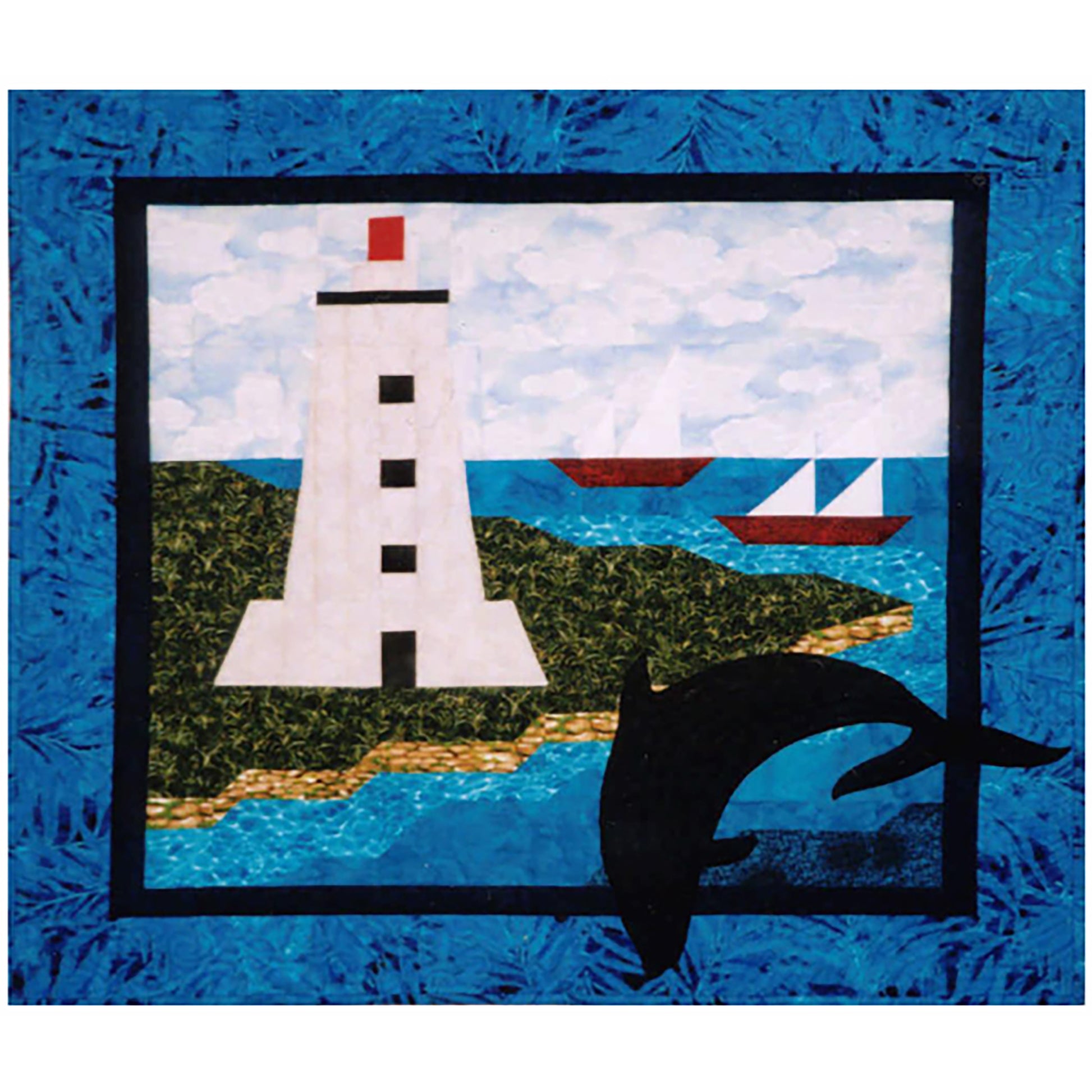 Beautiful wall hanging quilt features a lighthouse, playful dolphin and two sail boats in the water.