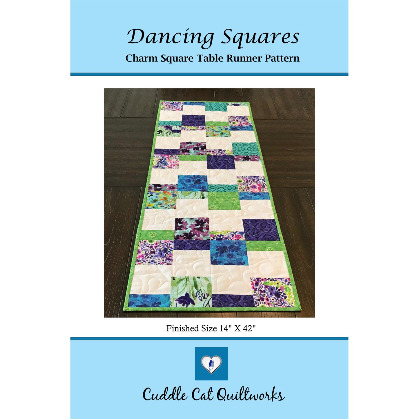 Image of the cover to the Dancing Squares Charm Square Table Runner pattern.