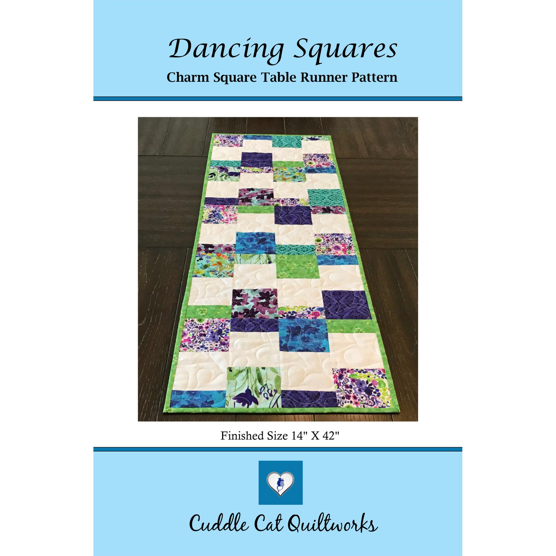 Image of the cover to the Dancing Squares Charm Square Table Runner pattern.