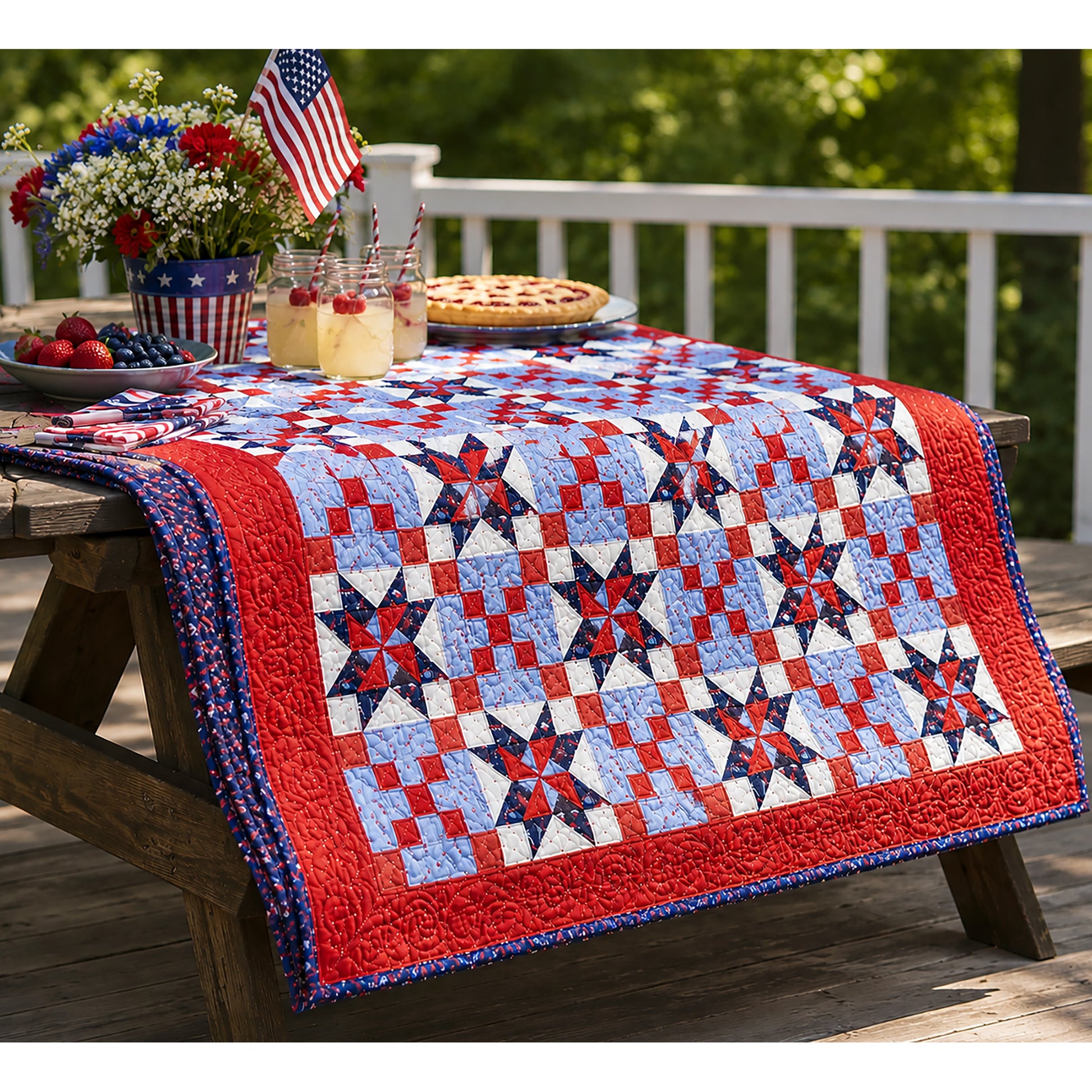 Celebrate America, summer picnics and the Fourth of July with this fun quilt featuring Sawtooth Stars, Pinwheels and Chain blocks! Beautiful quilt in red, white and blue fabric!  Shown here draped over a picnic table.