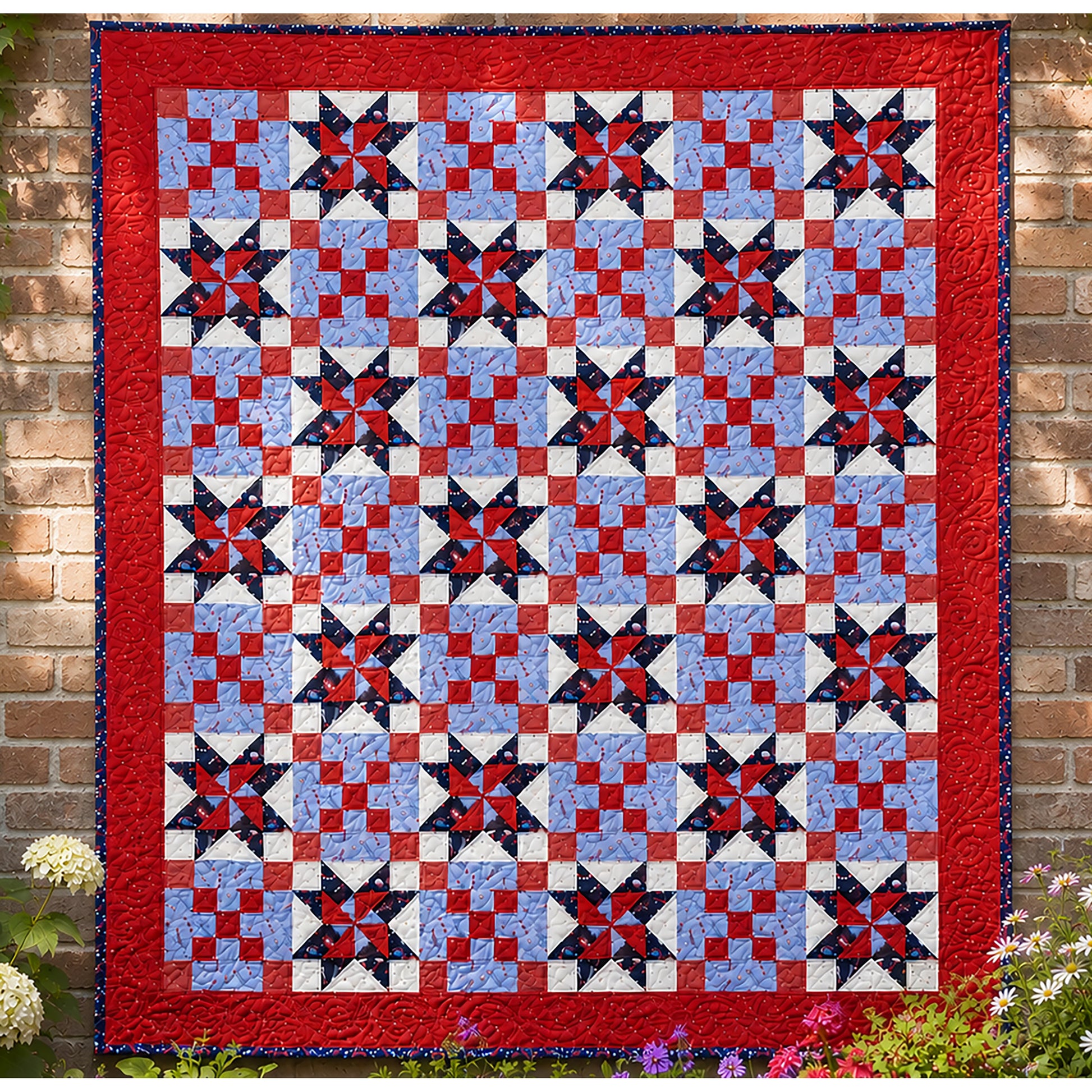 Celebrate America, summer picnics and the Fourth of July with this fun quilt featuring Sawtooth Stars, Pinwheels and Chain blocks! Beautiful quilt in red, white and blue fabric!  