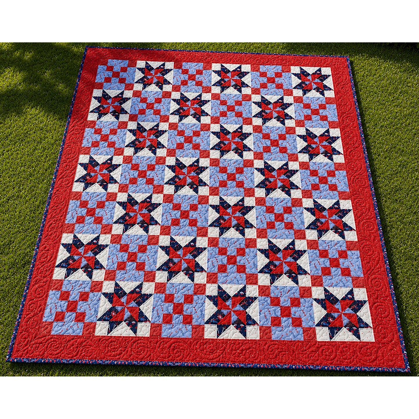 Celebrate America, summer picnics and the Fourth of July with this fun quilt featuring Sawtooth Stars, Pinwheels and Chain blocks! Beautiful quilt in red, white and blue fabric!  