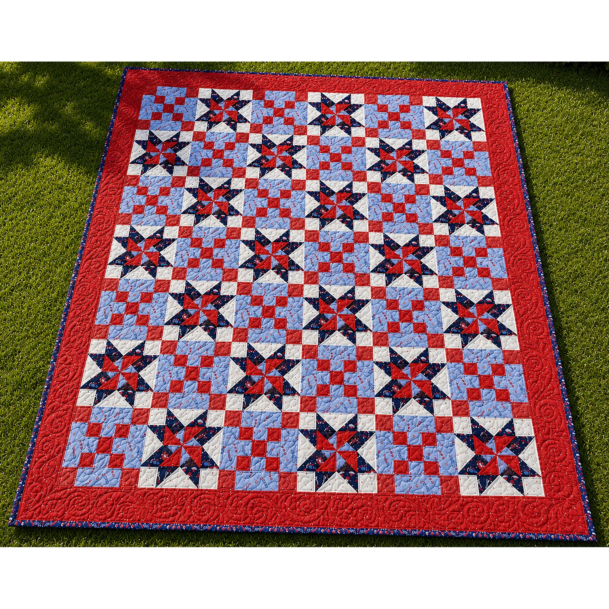 Celebrate America, summer picnics and the Fourth of July with this fun quilt featuring Sawtooth Stars, Pinwheels and Chain blocks! Beautiful quilt in red, white and blue fabric!  