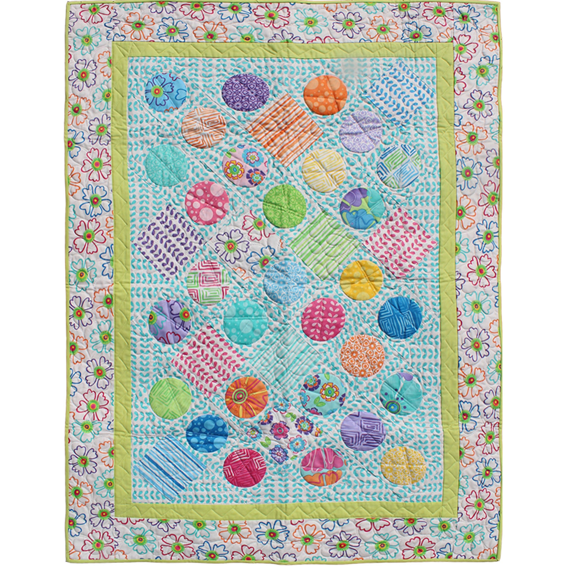 Colorful quilt with circular patterns and floral border on a white background
