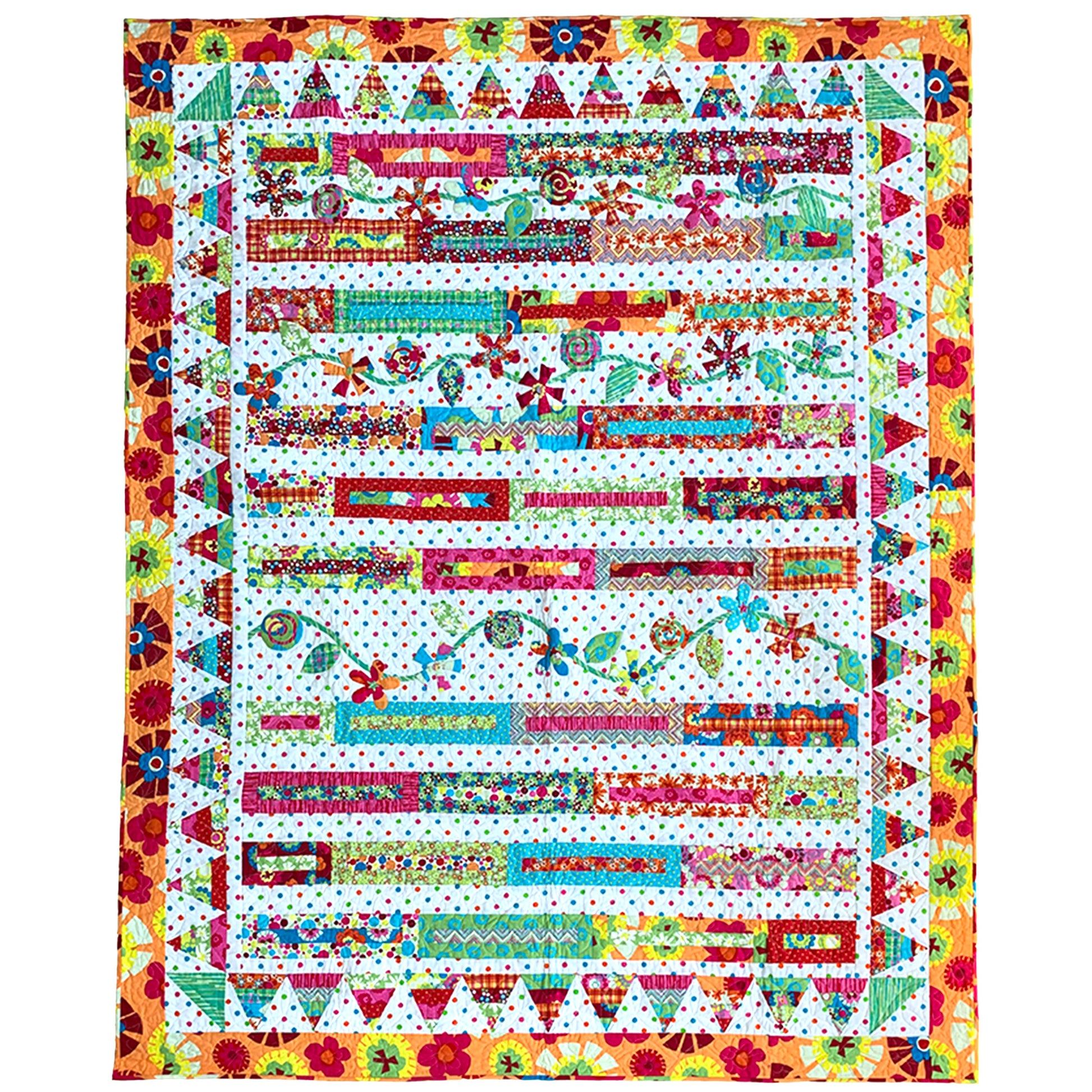 Colorful quilt featuring scrappy floral vines and  geometric border.