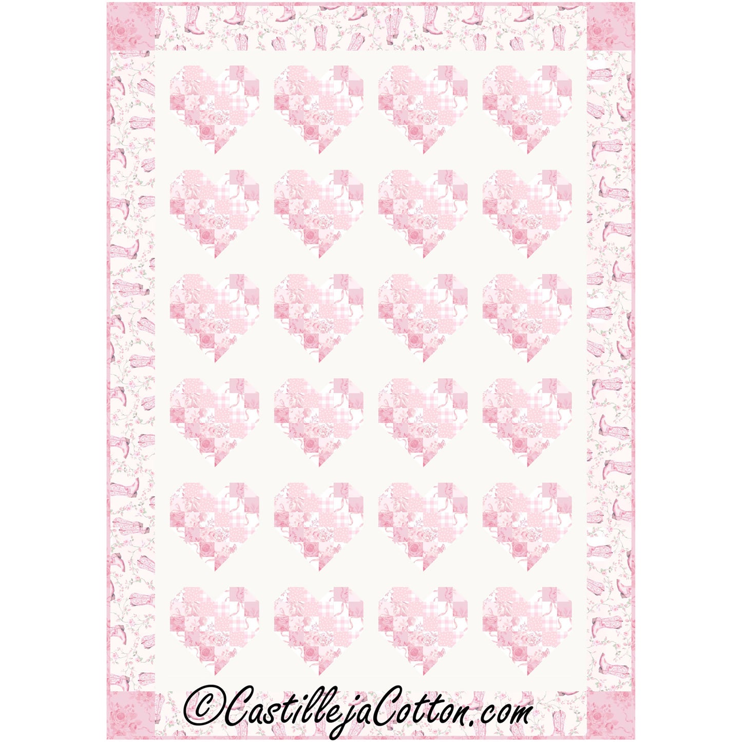 Hearts and Boots quilt is a beautiful heart pieced quilt featuring square blocks making up the hearts.  Colors for this quilt are pinks with a border of pink cowboy boots fabric.