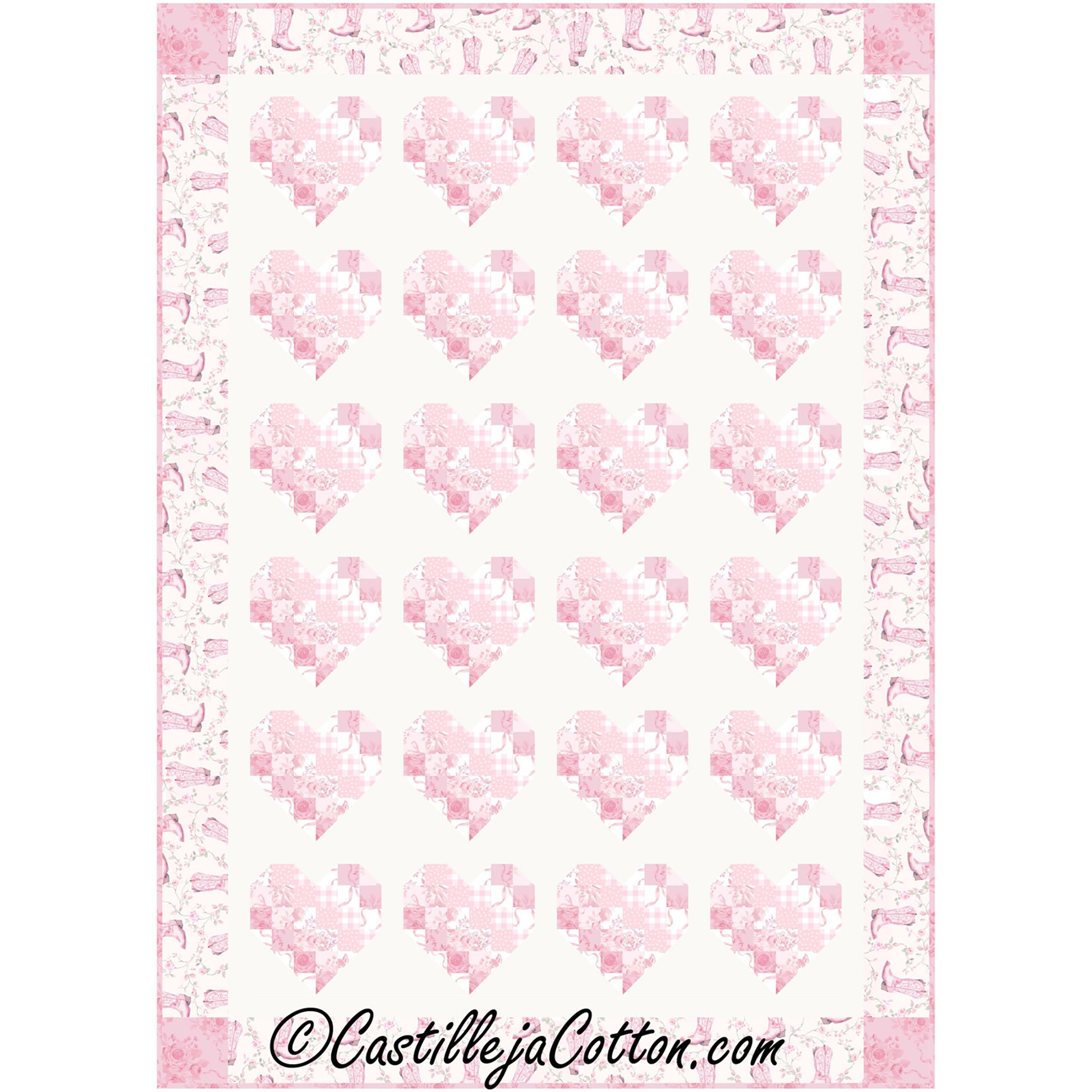 Hearts and Boots quilt is a beautiful heart pieced quilt featuring square blocks making up the hearts.  Colors for this quilt are pinks with a border of pink cowboy boots fabric.