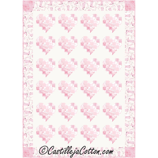 Hearts and Boots quilt is a beautiful heart pieced quilt featuring square blocks making up the hearts.  Colors for this quilt are pinks with a border of pink cowboy boots fabric.