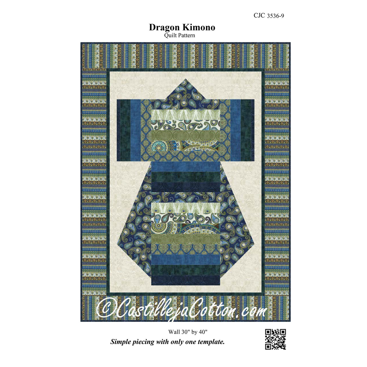A quilt pattern cover for 'Dragon Kimono'  by Castilleja Cotton, showing a quilt design with two dragon figures in blue, green, and beige patterned fabrics, framed by a striped border. The cover includes product code CIC 3536-9, dimensions, and a QR code.