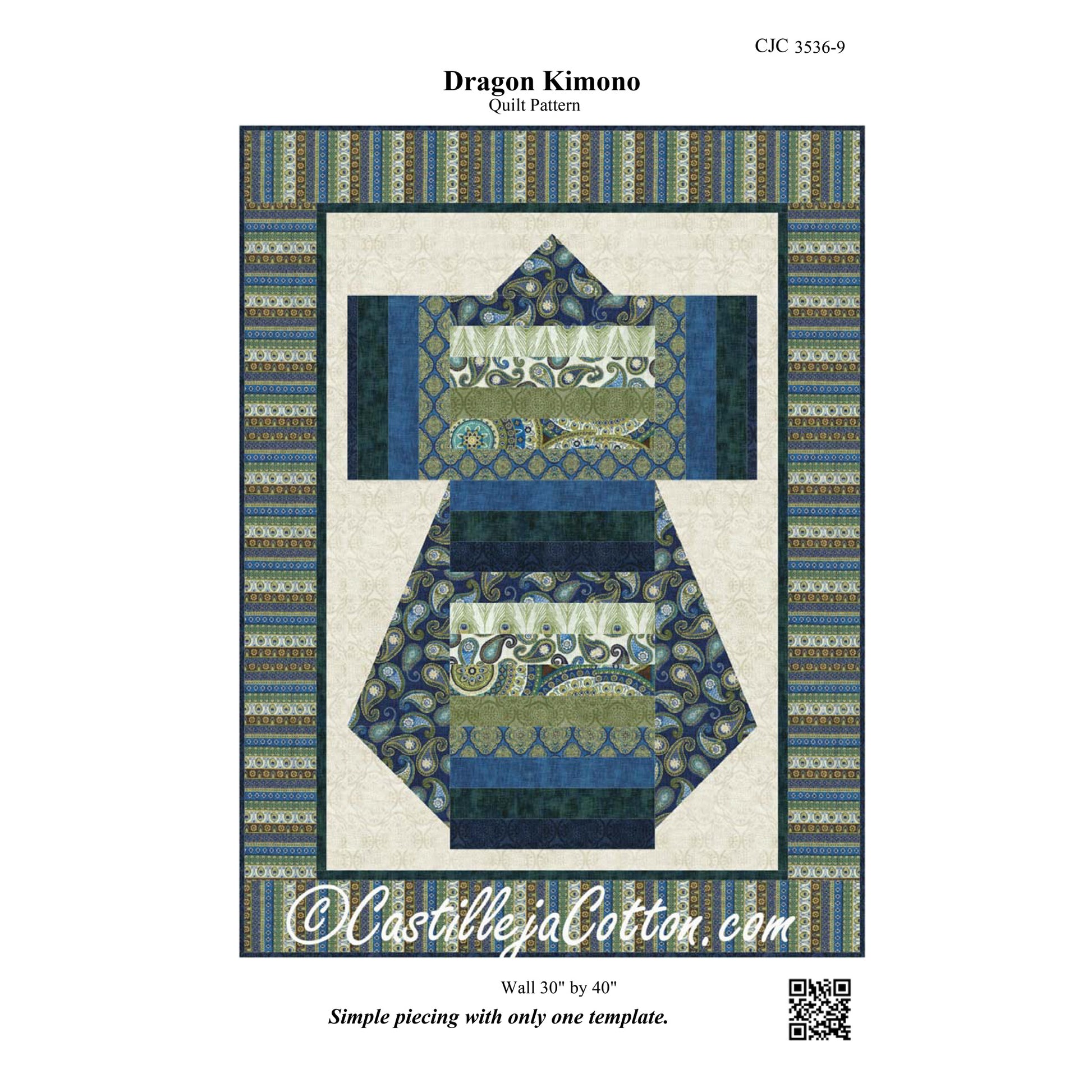 A quilt pattern cover for 'Dragon Kimono'  by Castilleja Cotton, showing a quilt design with two dragon figures in blue, green, and beige patterned fabrics, framed by a striped border. The cover includes product code CIC 3536-9, dimensions, and a QR code.