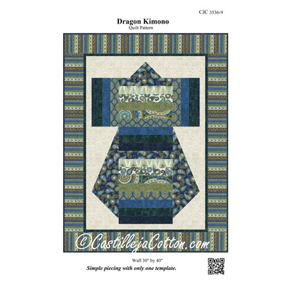 A quilt pattern cover for 'Dragon Kimono'  by Castilleja Cotton, showing a quilt design with two dragon figures in blue, green, and beige patterned fabrics, framed by a striped border. The cover includes product code CIC 3536-9, dimensions, and a QR code.