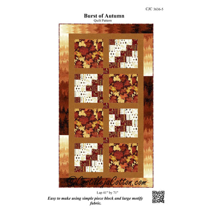 Quilt pattern cover for 'Burst of Autumn' by Castilleja Cotton, showing a designed quilt layout with autumn-themed patchwork blocks. The quilt features a warm brown and beige border with a central grid of blocks containing red, orange, and cream fall leaves and geometric patterns.
