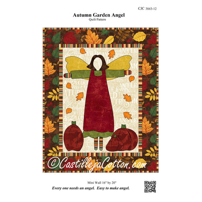 Pattern cover for 'Autumn Garden Angel' quilt pattern by Castilleja Cotton, showing a central angel figure with wings and a red dress surrounded by autumn leaves and pumpkins, with product text and a QR code on a white background.