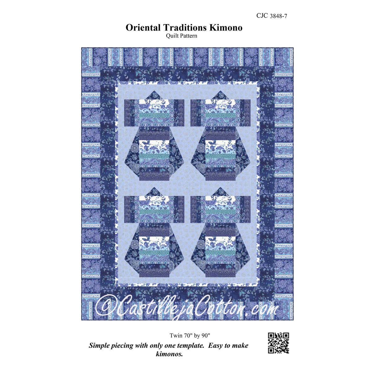 A quilt pattern cover for 'Oriental Traditions Kimono' by CastlejaCotton.com, showing a blue and white kimono-inspired quilt design with six central panels and a striped border on a white background.