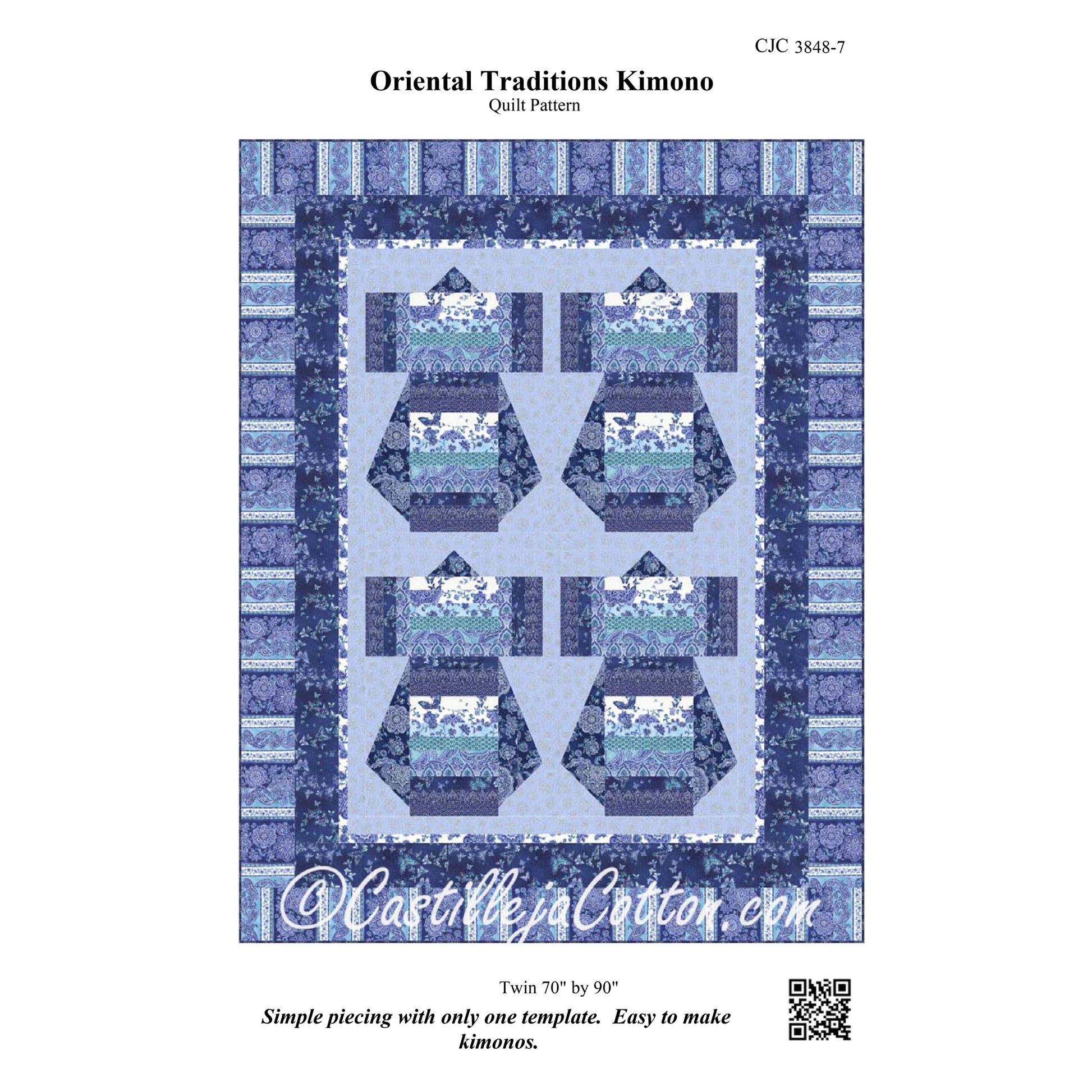A quilt pattern cover for 'Oriental Traditions Kimono' by CastlejaCotton.com, showing a blue and white kimono-inspired quilt design with six central panels and a striped border on a white background.