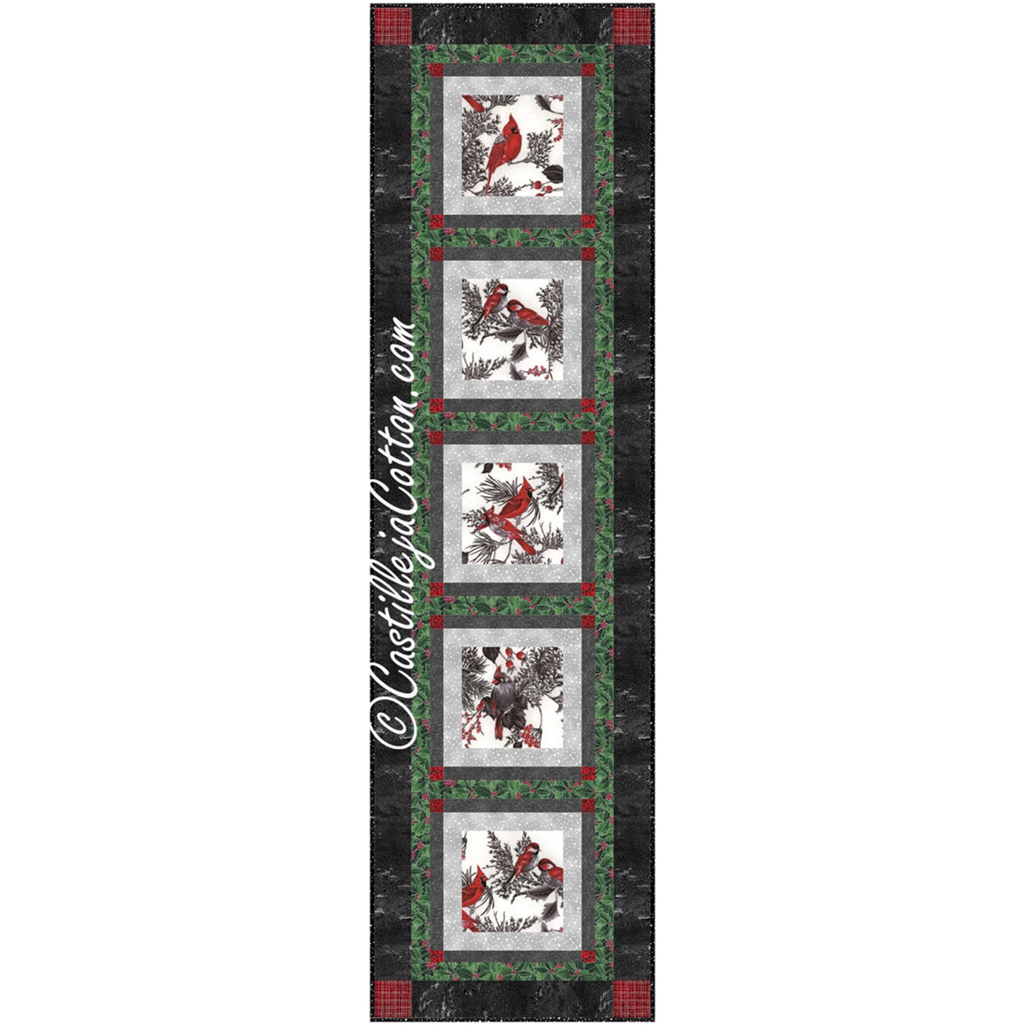 Quilted Christmas-themed table runner featuring five cardinal prints bordered by silver, gray, and then green and red ivy print with darker print bordering entire table runner.  Festive colors for any holiday or winter gathering.