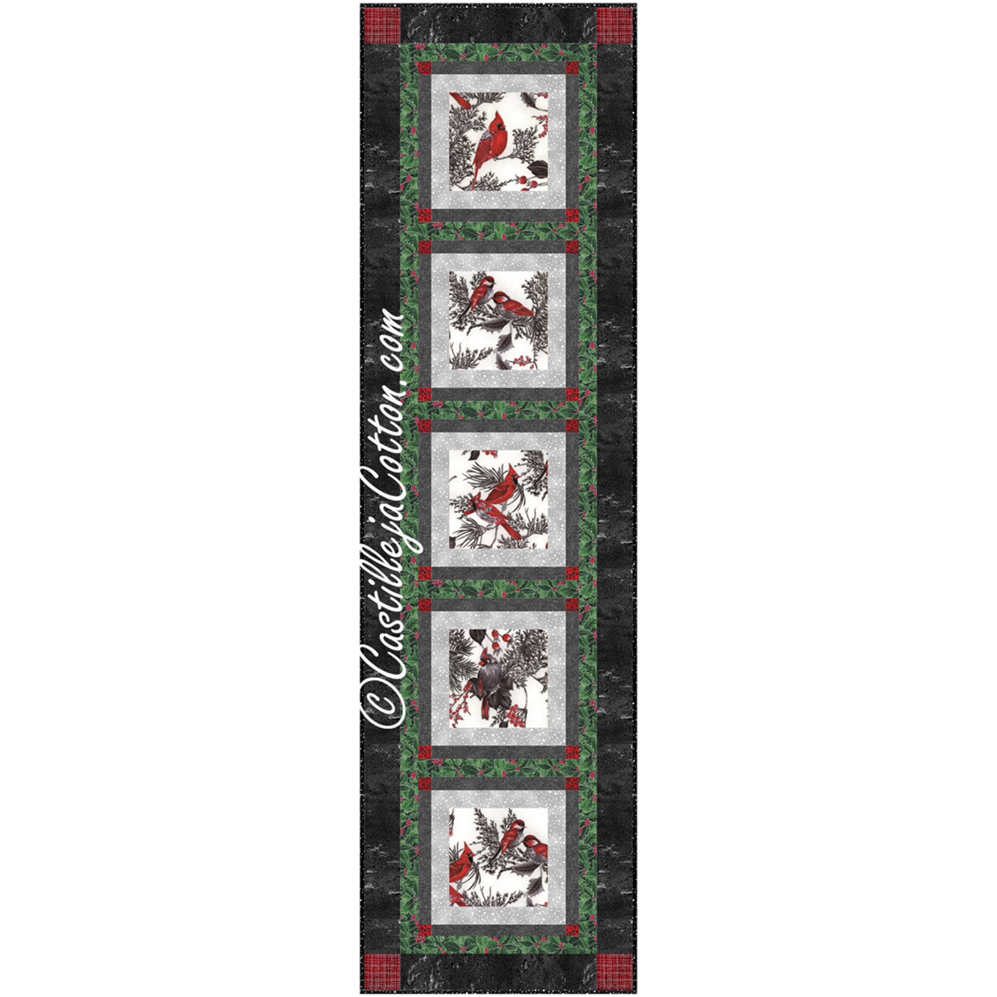 Quilted Christmas-themed table runner featuring five cardinal prints bordered by silver, gray, and then green and red ivy print with darker print bordering entire table runner.  Festive colors for any holiday or winter gathering.