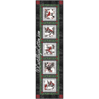 Quilted Christmas-themed table runner featuring five cardinal prints bordered by silver, gray, and then green and red ivy print with darker print bordering entire table runner.  Festive colors for any holiday or winter gathering.