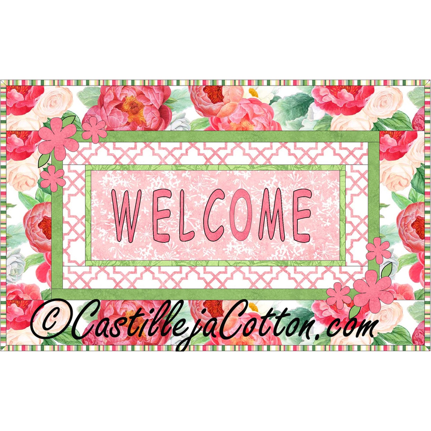 Floral welcome wall hanging with 'WELCOME' applique.