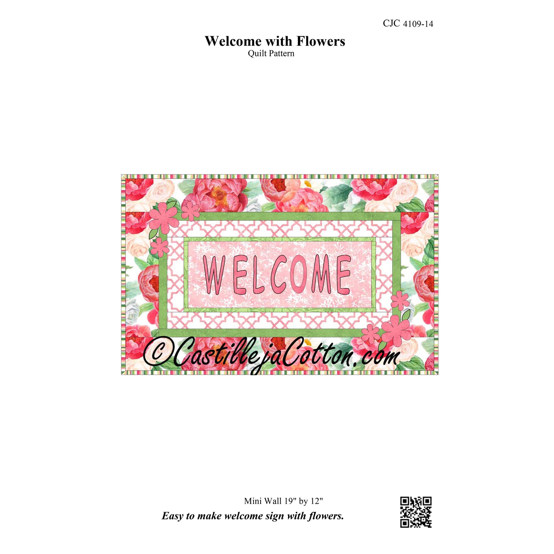 Floral quilt pattern with 'Welcome' text on a white background