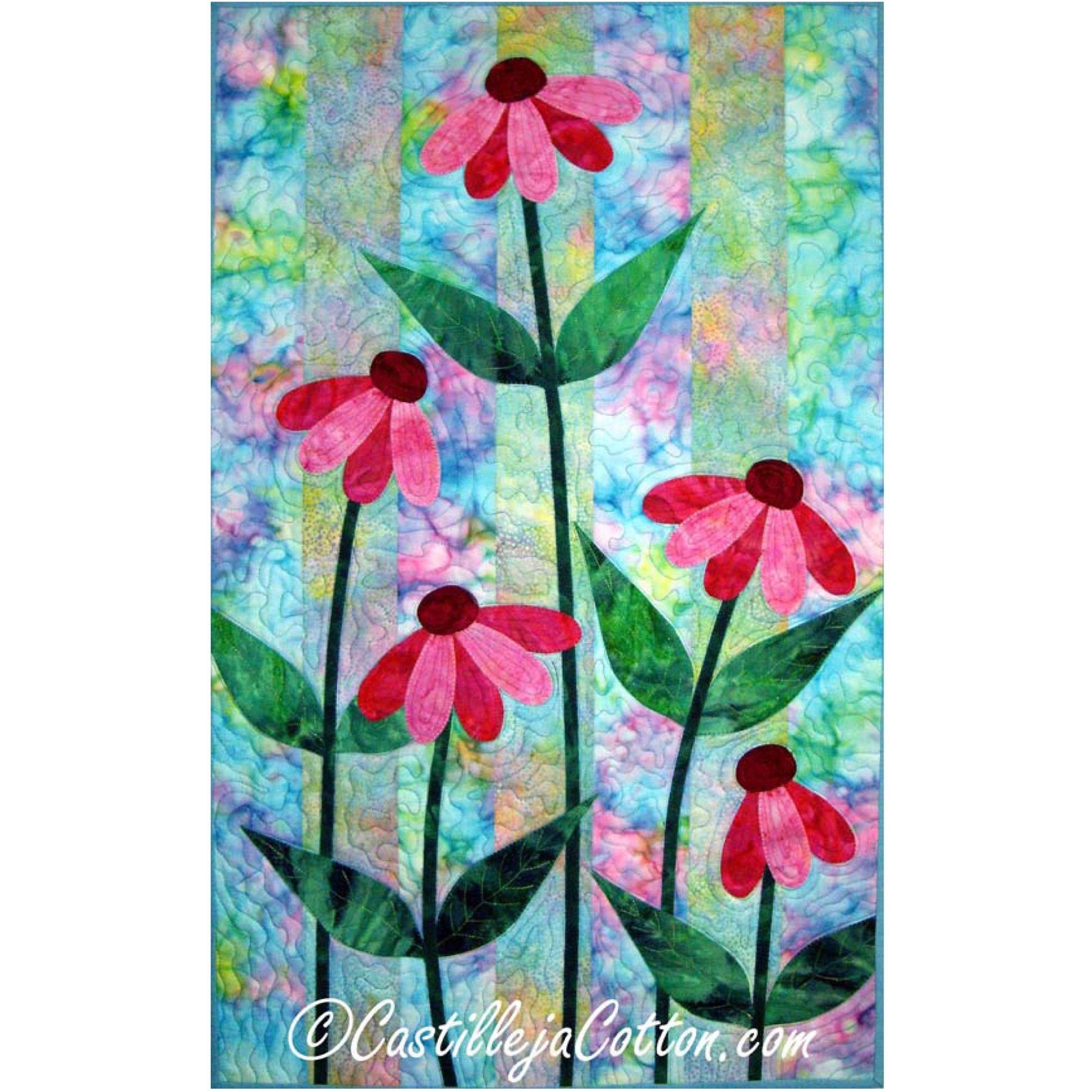 Ribbon Cone Flowers quilt features pretty cone flowers in pink fabric with long green stems and leaves with a pastel background fabric.