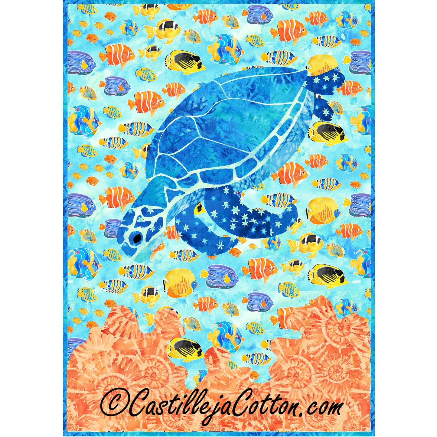 Colorful fabric panel with a blue turtle and various fish on a blue background, featuring the brand 'Castilleja Cotton'.