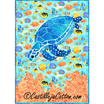 Colorful fabric panel with a blue turtle and various fish on a blue background, featuring the brand 'Castilleja Cotton'.