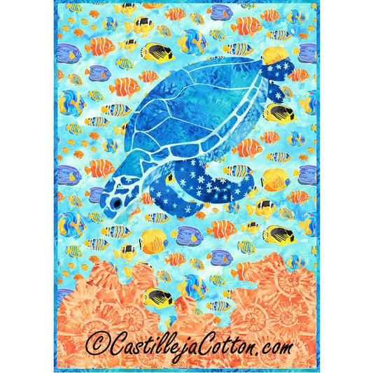 Colorful fabric panel with a blue turtle and various fish on a blue background, featuring the brand 'Castilleja Cotton'.