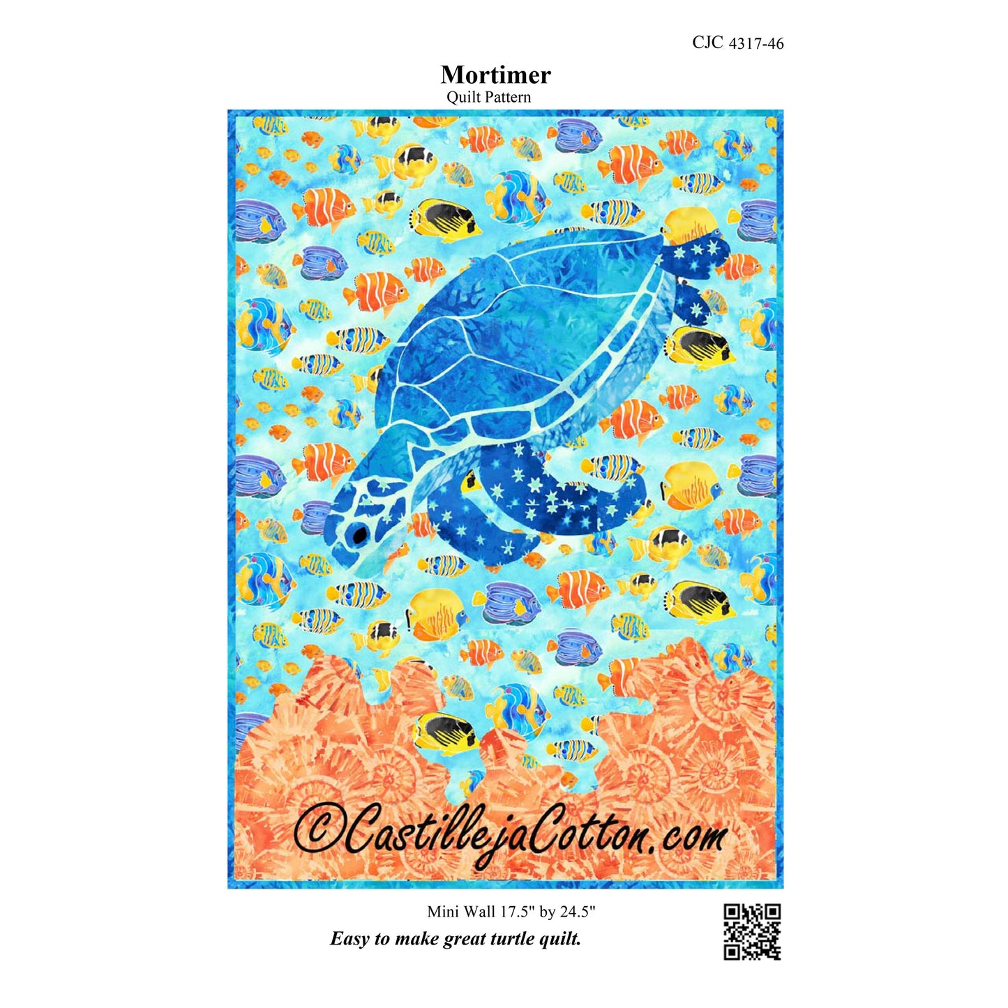 Quilt pattern with a blue turtle and colorful fish on a blue background, featuring the brand 'Castilleja Cotton'.