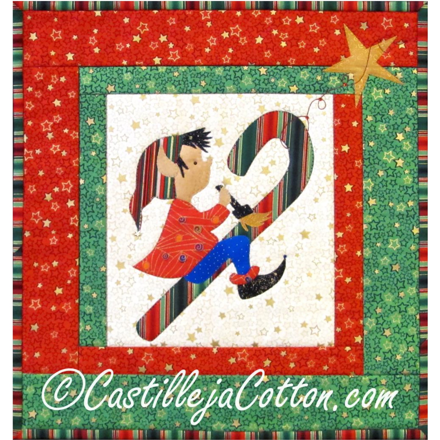 Adorable quilt features an elf with paintbrush riding a candy cane while they paint it.