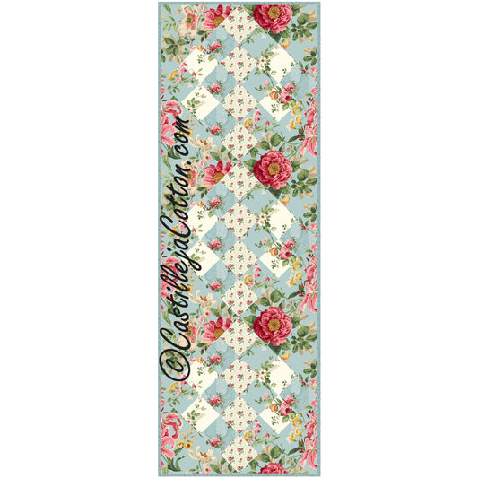 Floral quilted table runner on blue and flower diamond designed background, perfect for adding a touch of elegance to your home decor.