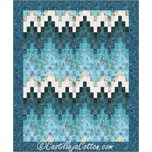 A blue and white quilt featuring a stylish chevron pattern.